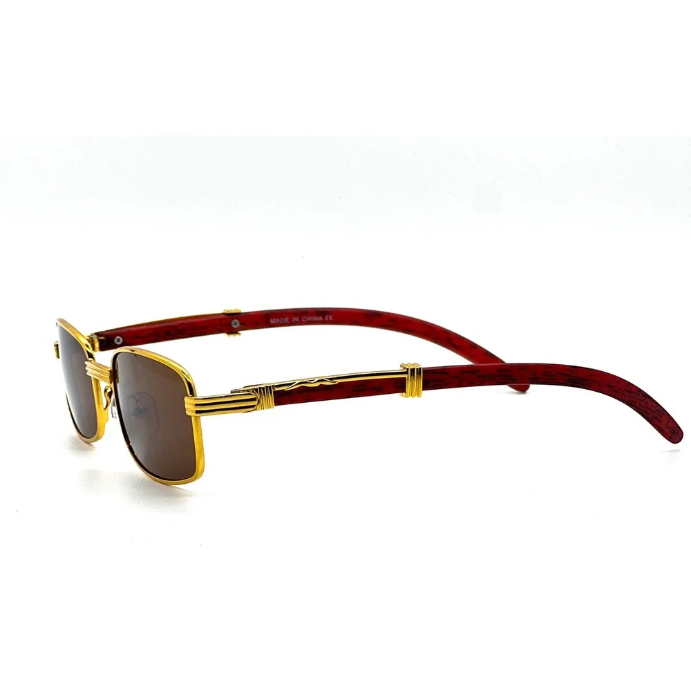 Gold Frame Sunglasses Brown Lens Wood Arms Rectangular Mens Fashion Small Shades